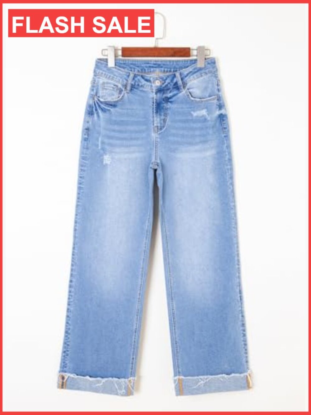 High Waisted Wide Leg Jeans with Distressed Details and Folded Hem - Picture 5 of 7